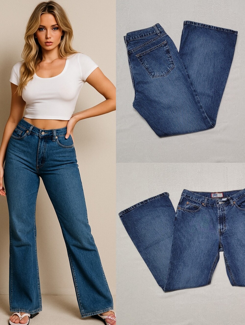 Vintage Y2K Old Navy Mid-Wash Cotton Denim High-Rise Slit Hem Flare Jeans 10